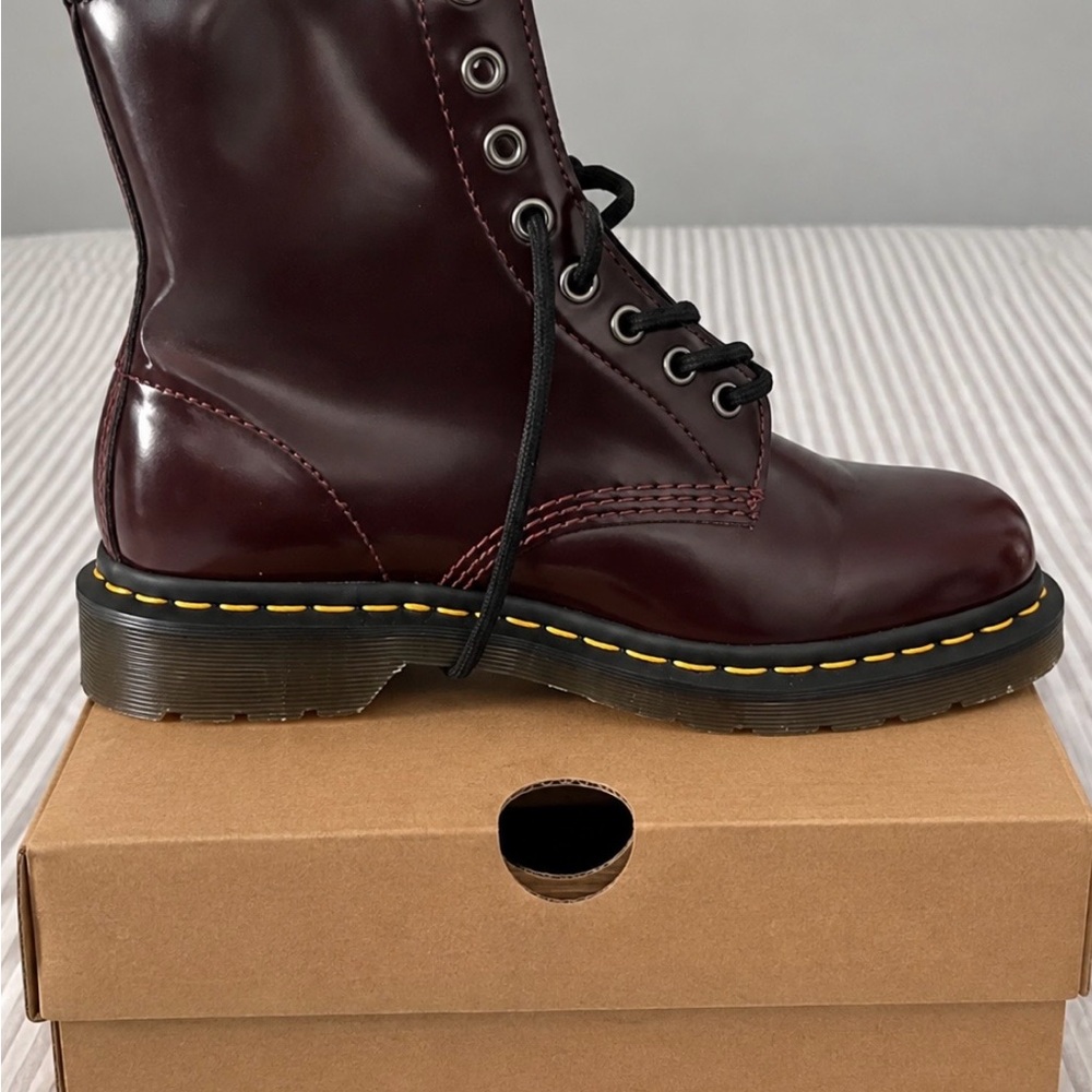 Dr. Martens Burgundy Leather Lace-Up Combat Boot with Yellow Stitching